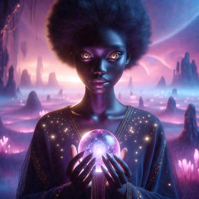 The primary subject of the image is a woman with a black afro, wearing a blue dress and holding a purple ball. The setting is a purple and pink landscape, which adds a vibrant and colorful atmosphere to the scene. The visual style appears to be a digital art or illustration, as the woman and the ball are depicted in a detailed and artistic manner. The colors and mood of the image are predominantly purple and pink, creating a sense of warmth and tranquility